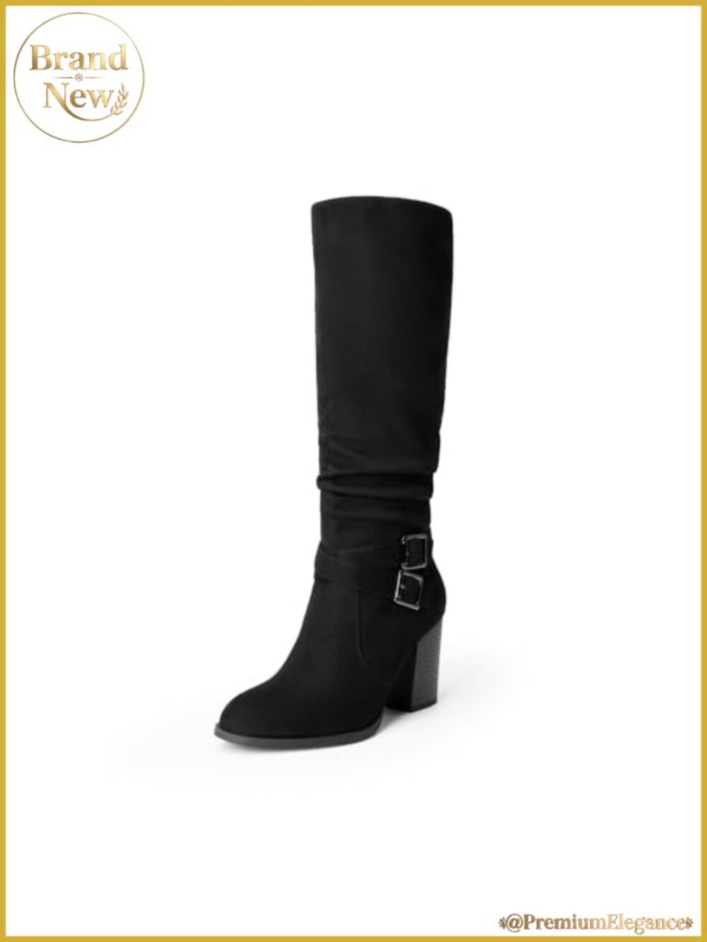 Women's Knee High Slouchy Faux Suede Chunky Block Heel Boots with Buckle